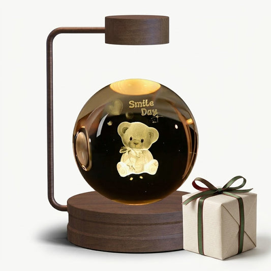 Zentrolia 3D crystal dinosaur night light glowing on a walnut wood base