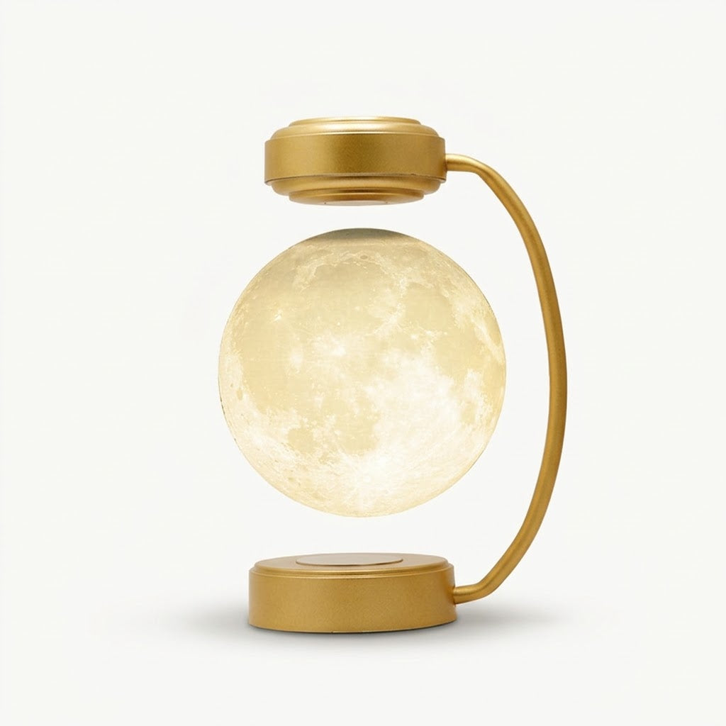 Zentrolia levitating moon lamp floating above a gold base