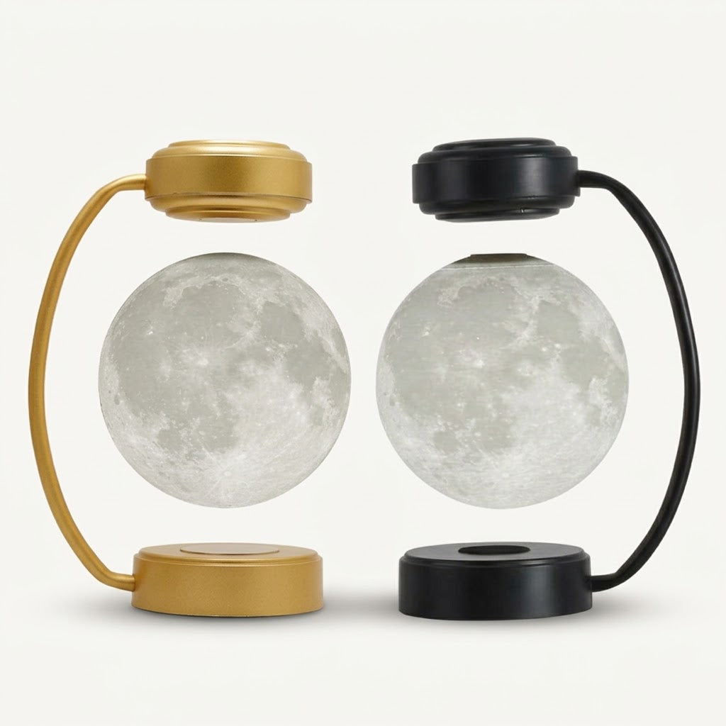 Zentrolia levitating moon lamp floating above a gold base