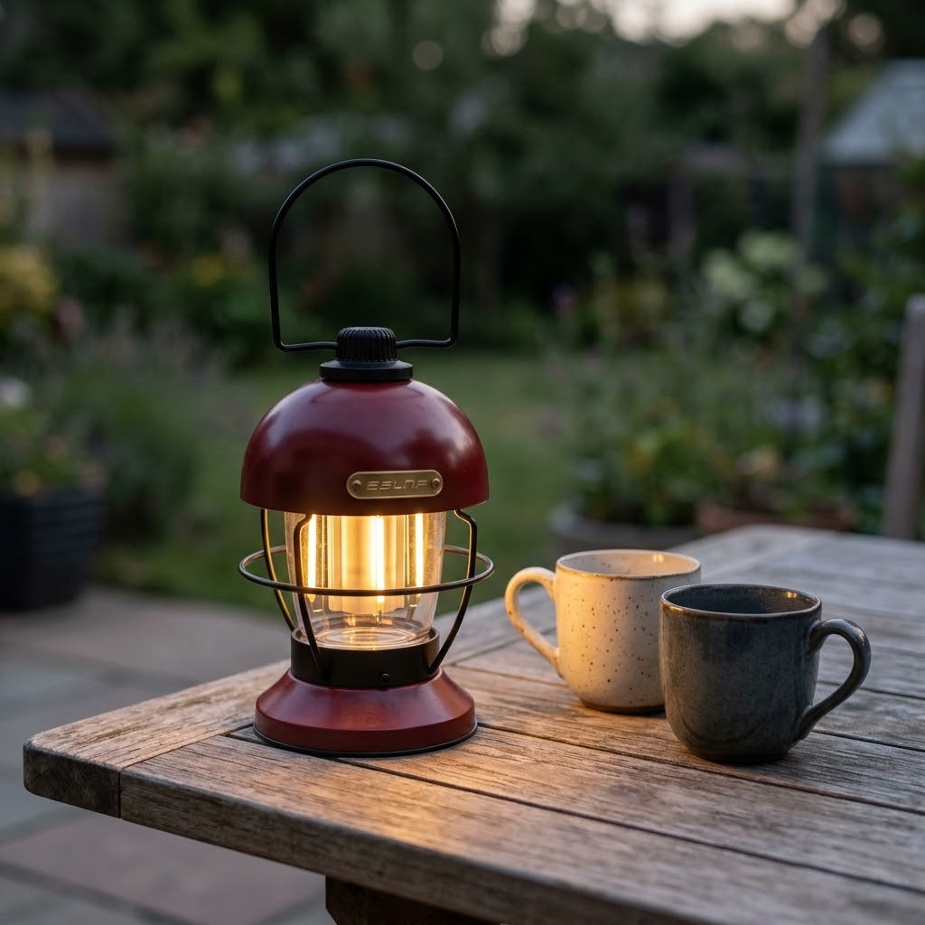Zentrolia rechargeable LED camping lantern glowing at a campsite