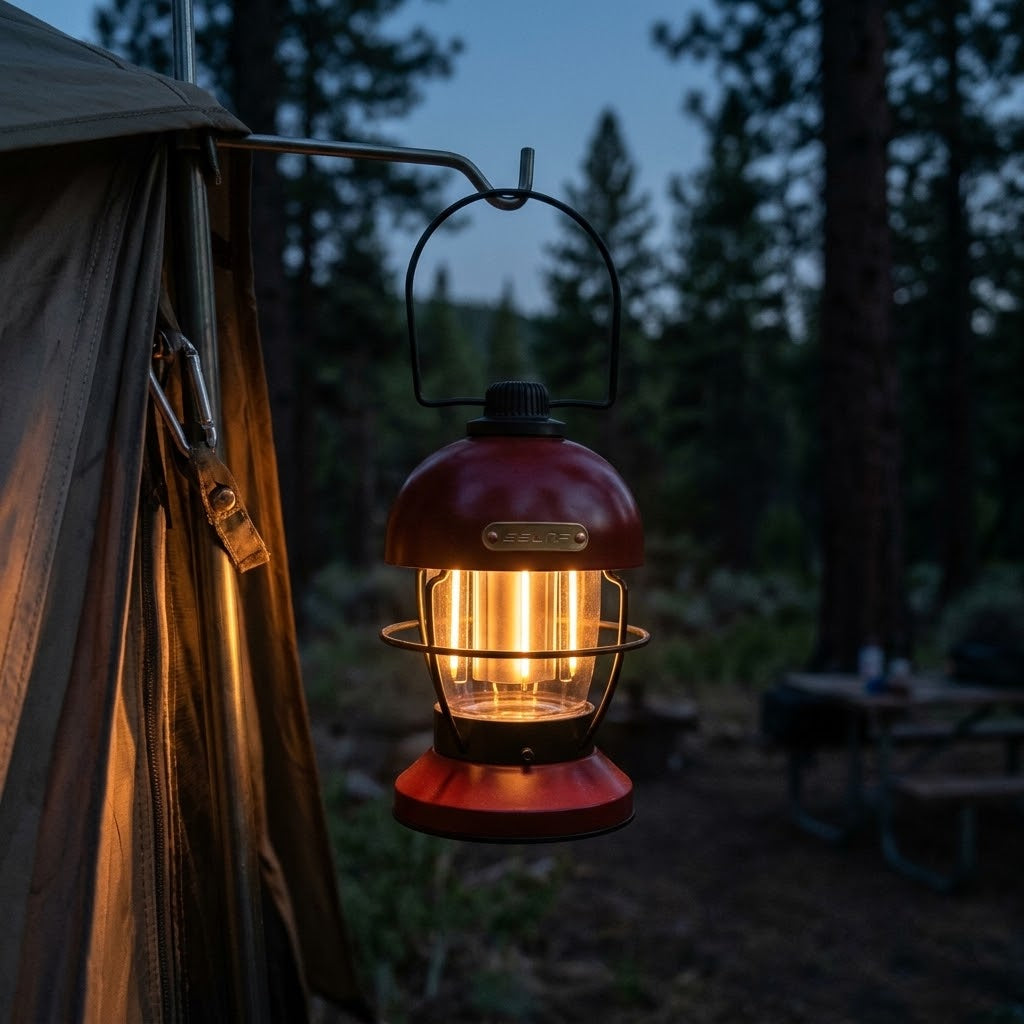 Zentrolia rechargeable LED camping lantern glowing at a campsite
