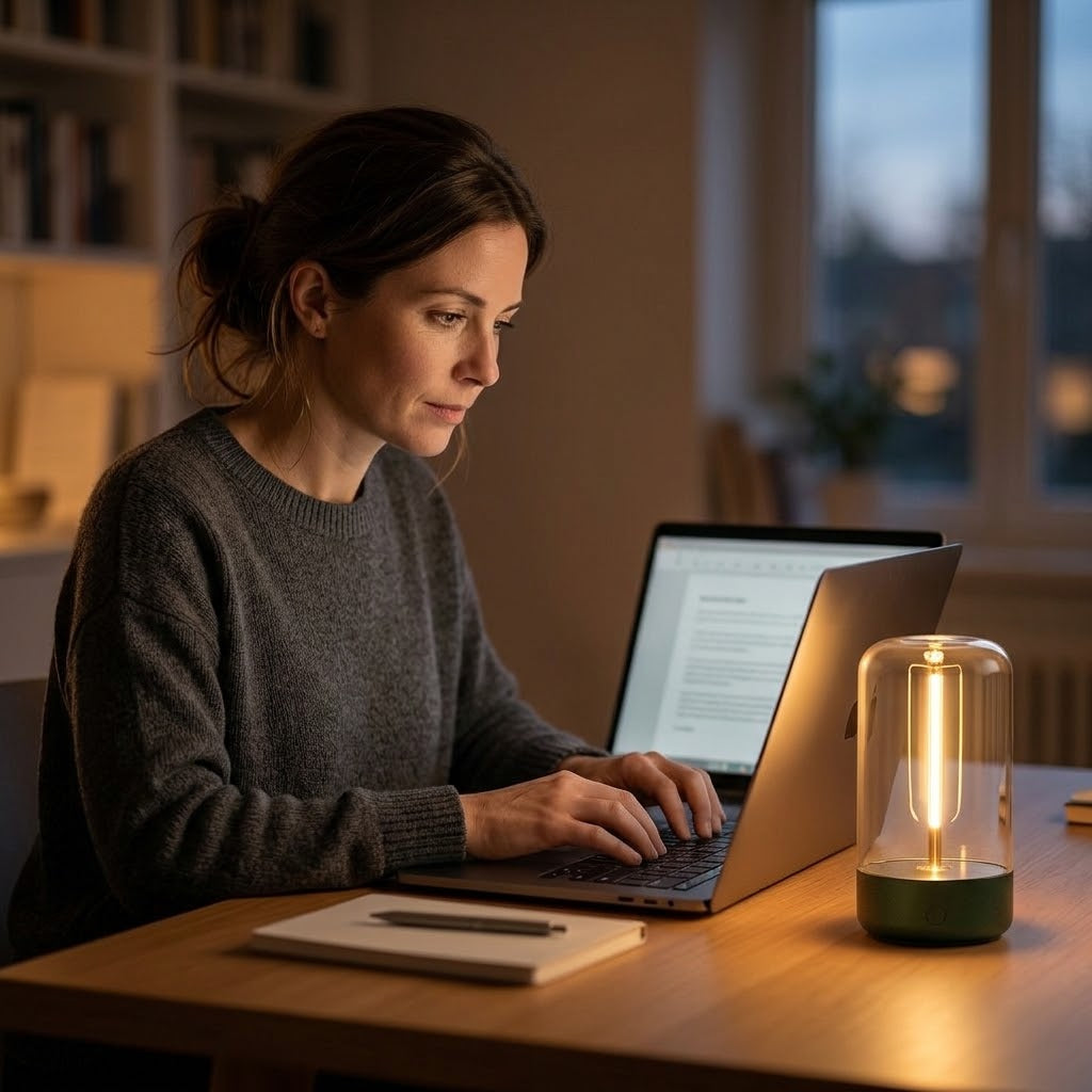 Zentrolia rechargeable LED filament night light glowing warmly on a bedside table