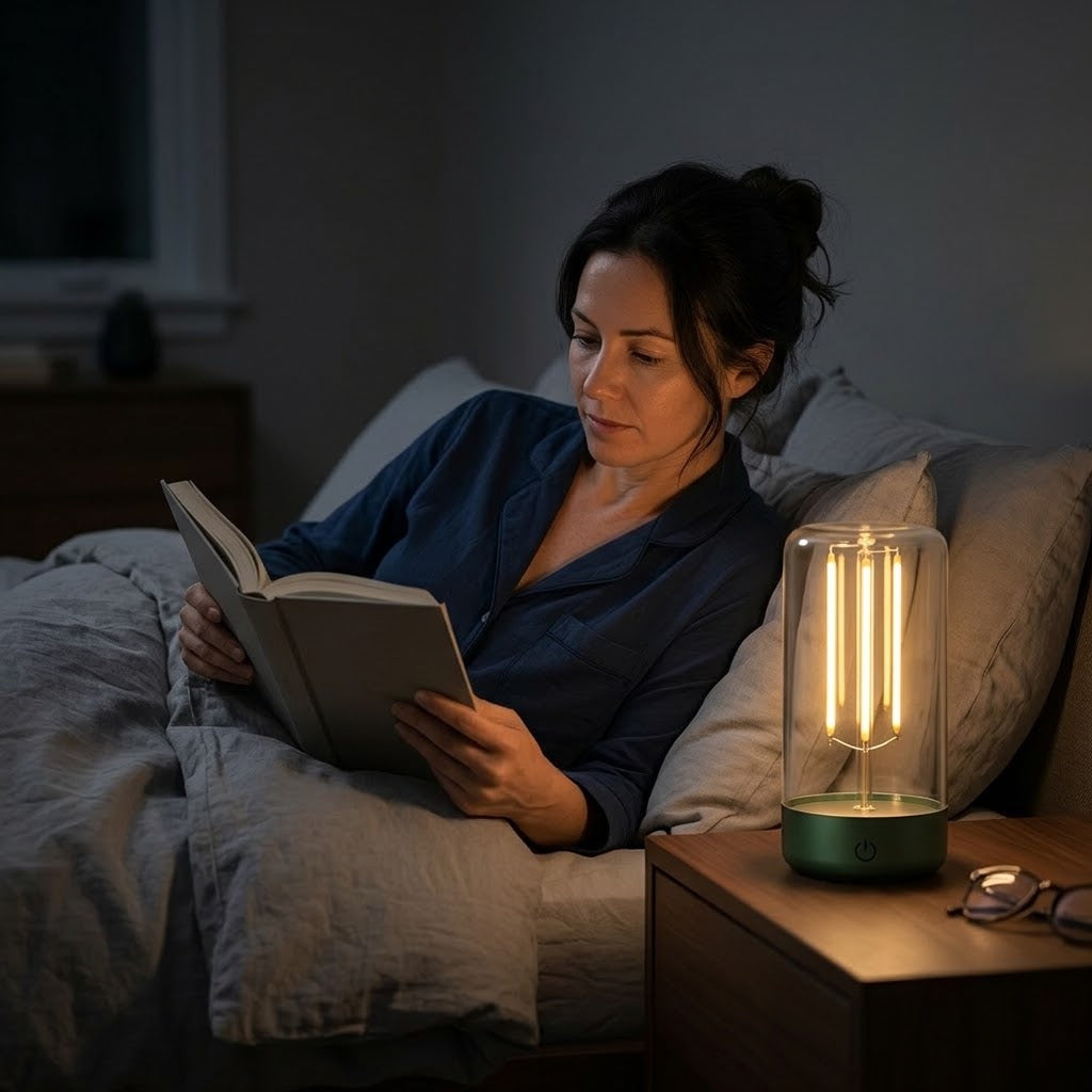 Zentrolia rechargeable LED filament night light glowing warmly on a bedside table