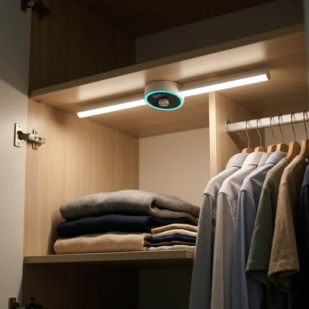Zentrolia rechargeable motion sensor cabinet light mounted inside a wardrobe