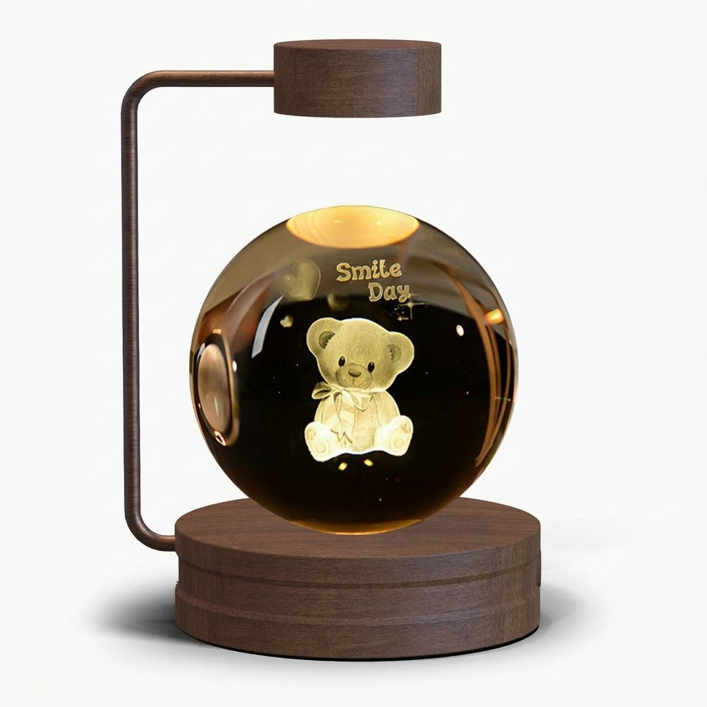 Zentrolia 3D crystal dinosaur night light glowing on a walnut wood base