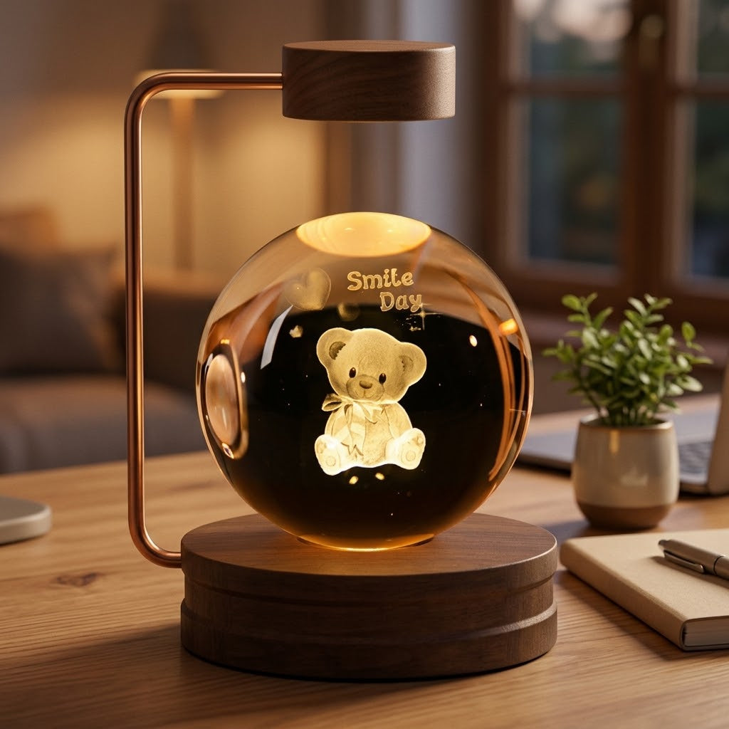Zentrolia 3D crystal dinosaur night light glowing on a walnut wood base