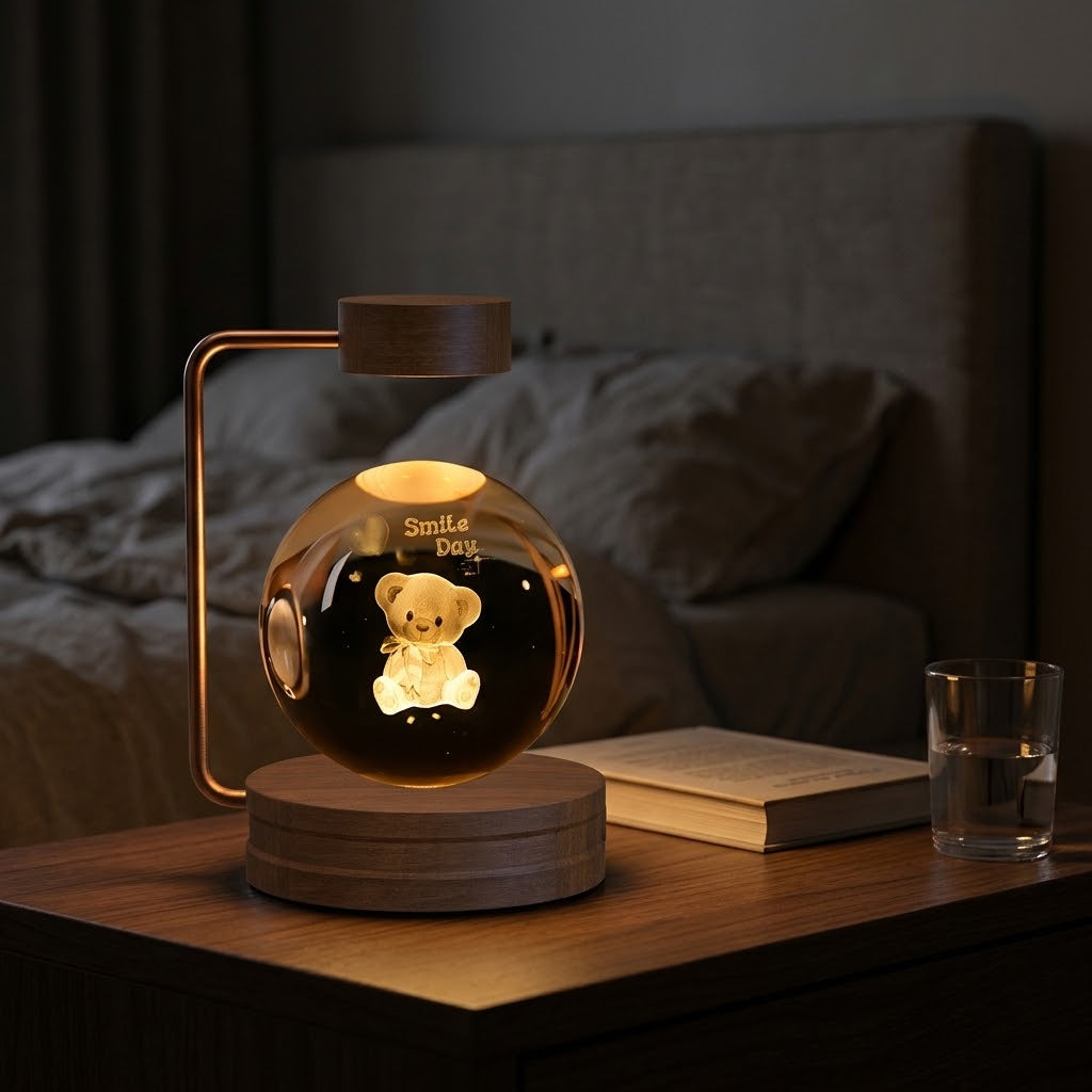 Zentrolia 3D crystal dinosaur night light glowing on a walnut wood base