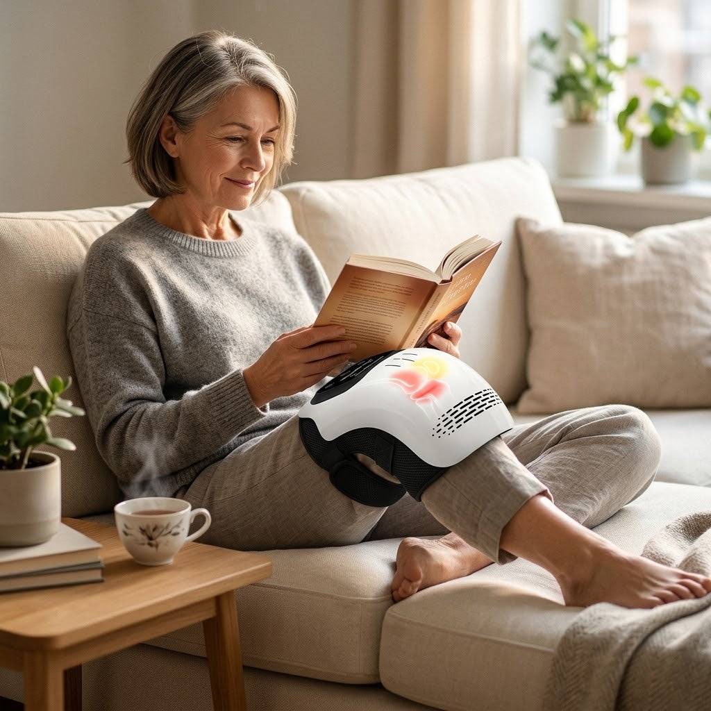 Zentrolia heated knee massager wrap in white and Brown