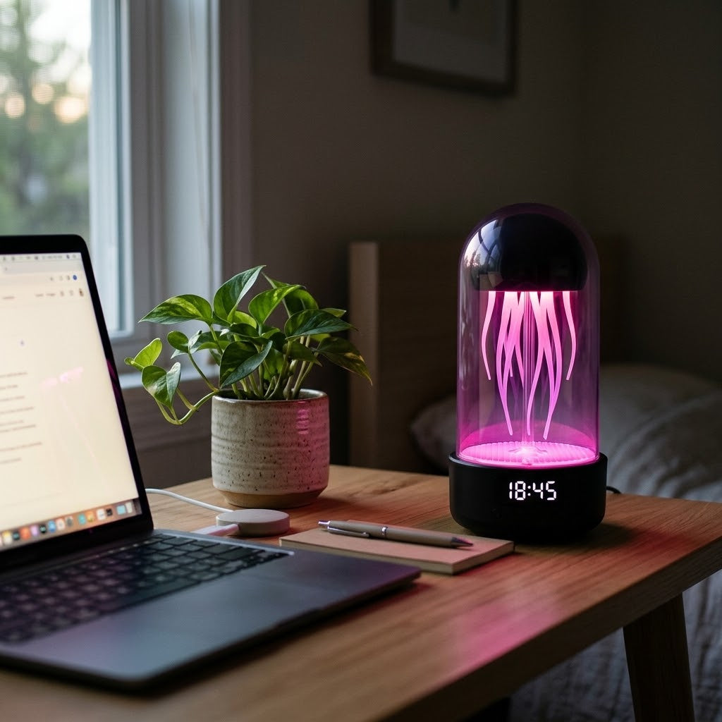 Zentrolia jellyfish lamp Bluetooth speaker with clock glowing in purple