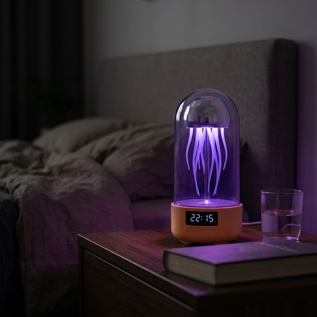 Zentrolia jellyfish lamp Bluetooth speaker with clock glowing in purple