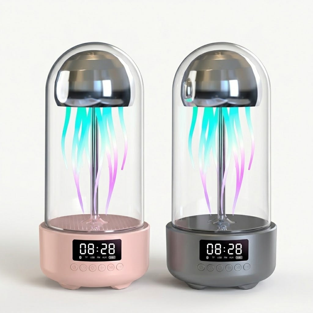 Zentrolia jellyfish lamp Bluetooth speaker with clock glowing in purple