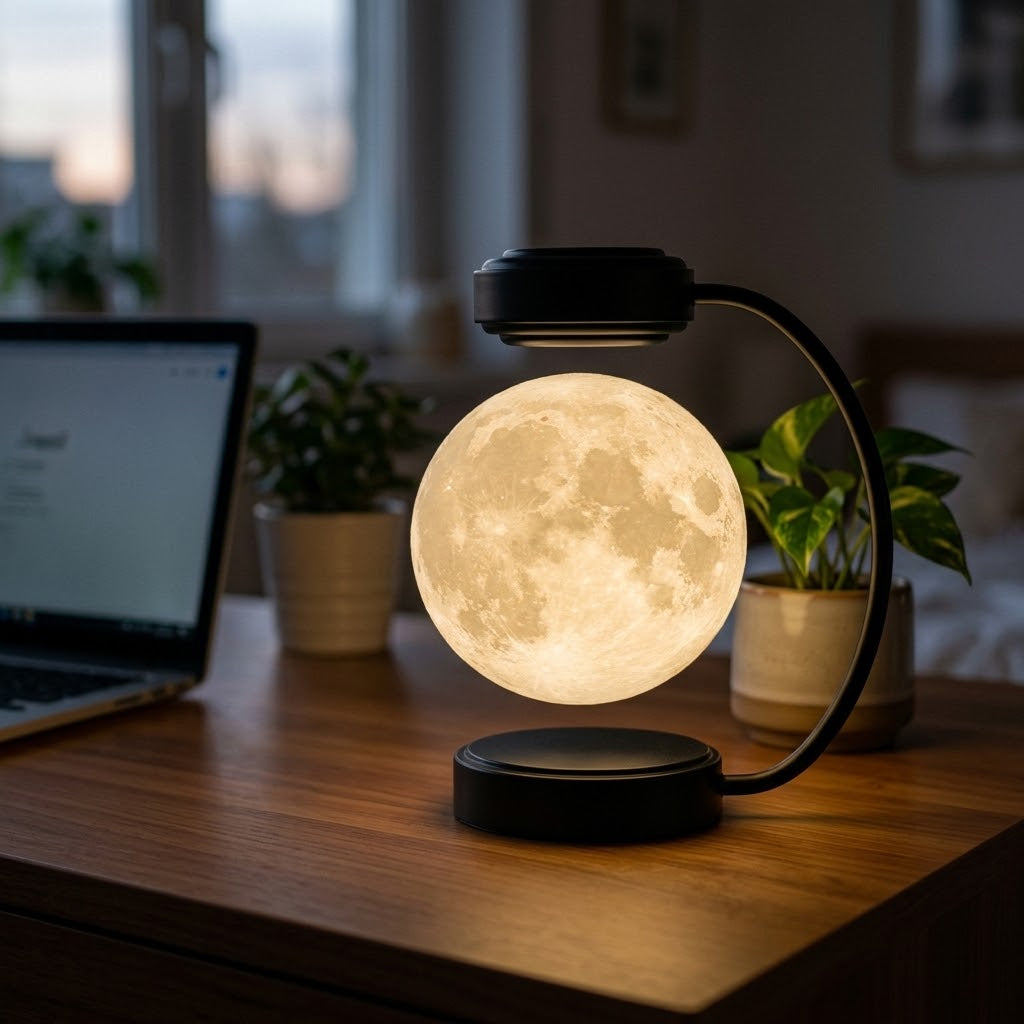 Zentrolia levitating moon lamp floating above a gold base