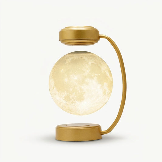 Zentrolia levitating moon lamp floating above a gold base